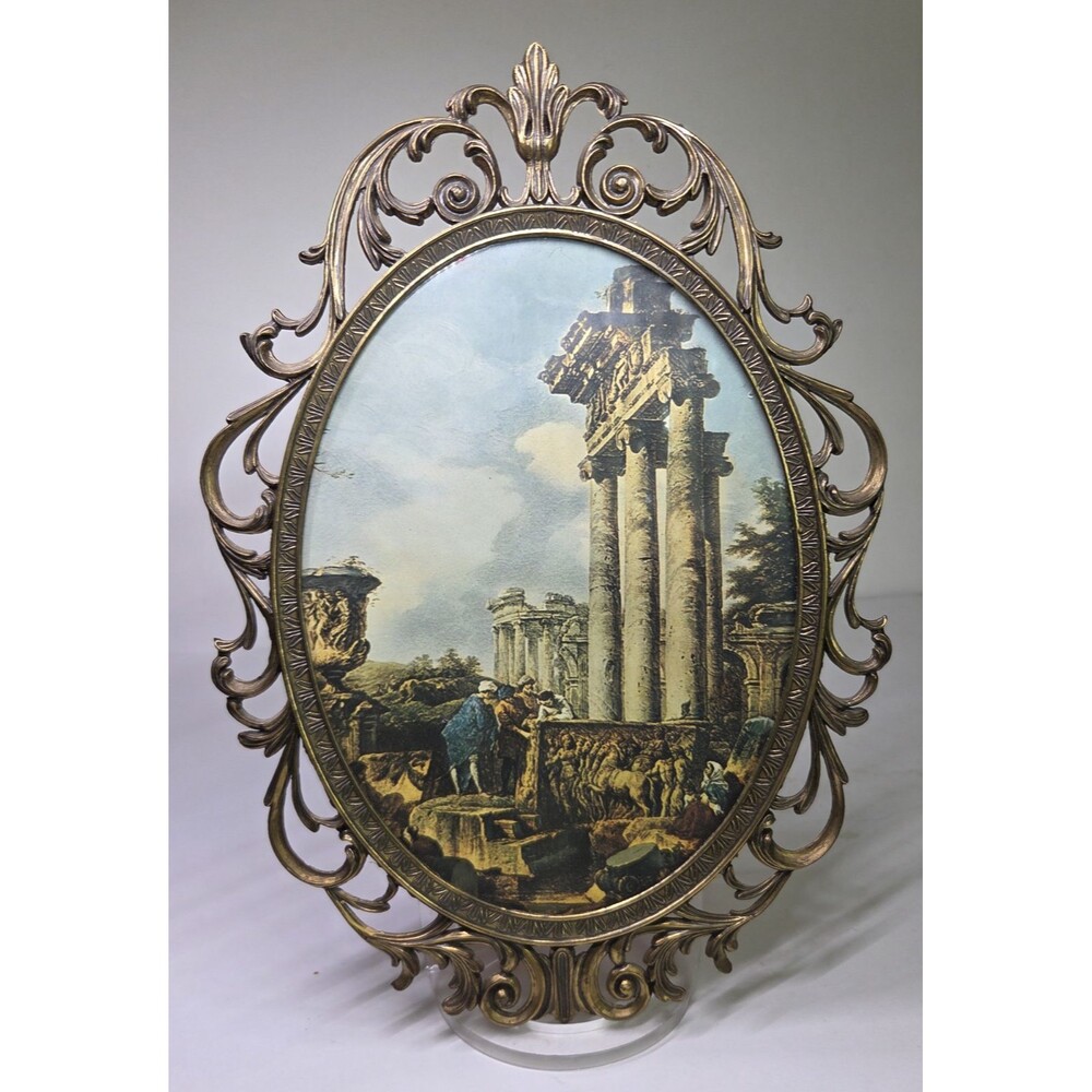 Vintage Italian Metal Oval Picture Frame Wall Hanging Brass Patina 12.5" x 8.75"